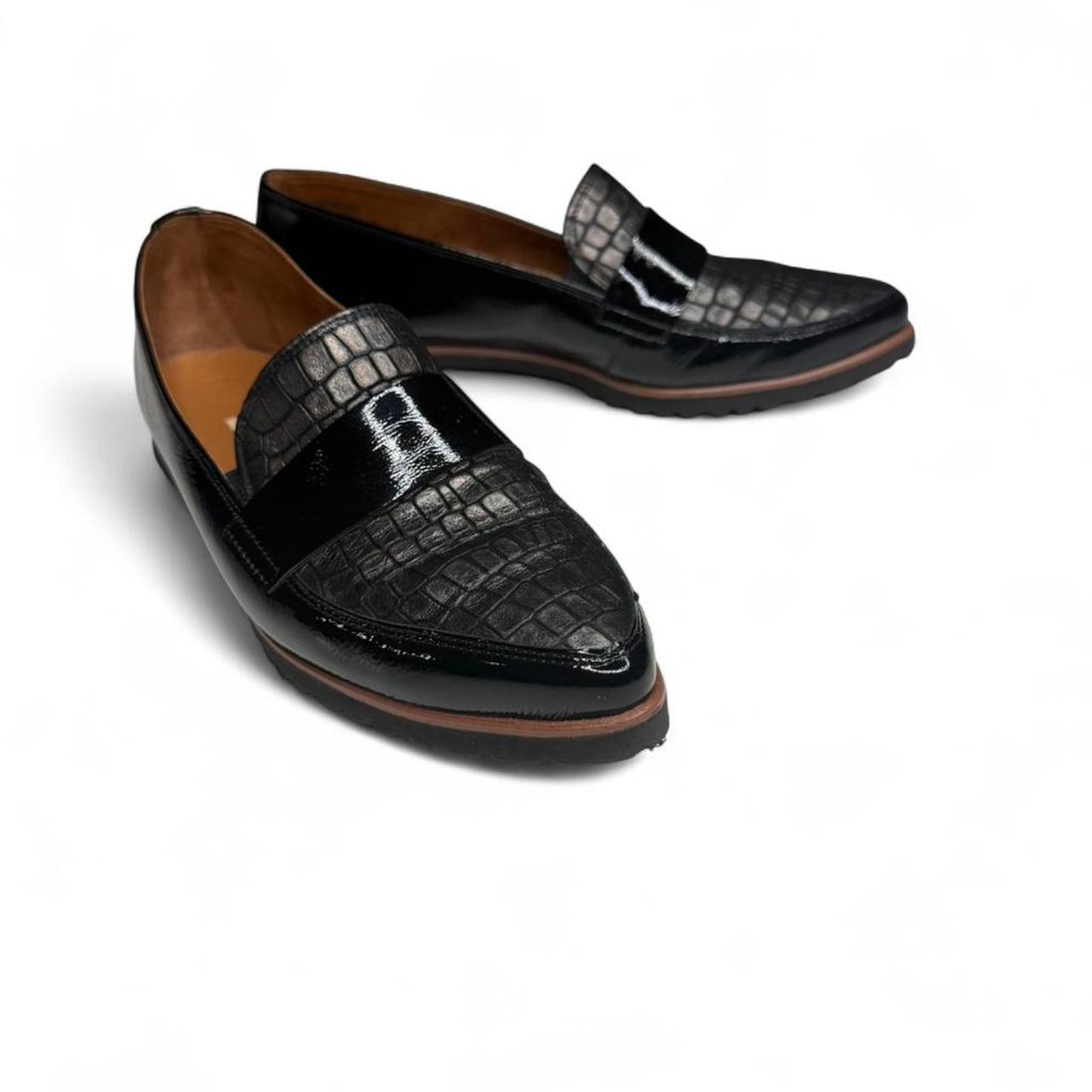 Paul Green Croc Embossed Patent Leather Loafers Black Luxe Designer Flat